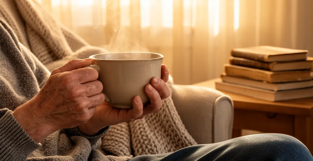 Personne tenant une tasse de thé dans un salon confortable