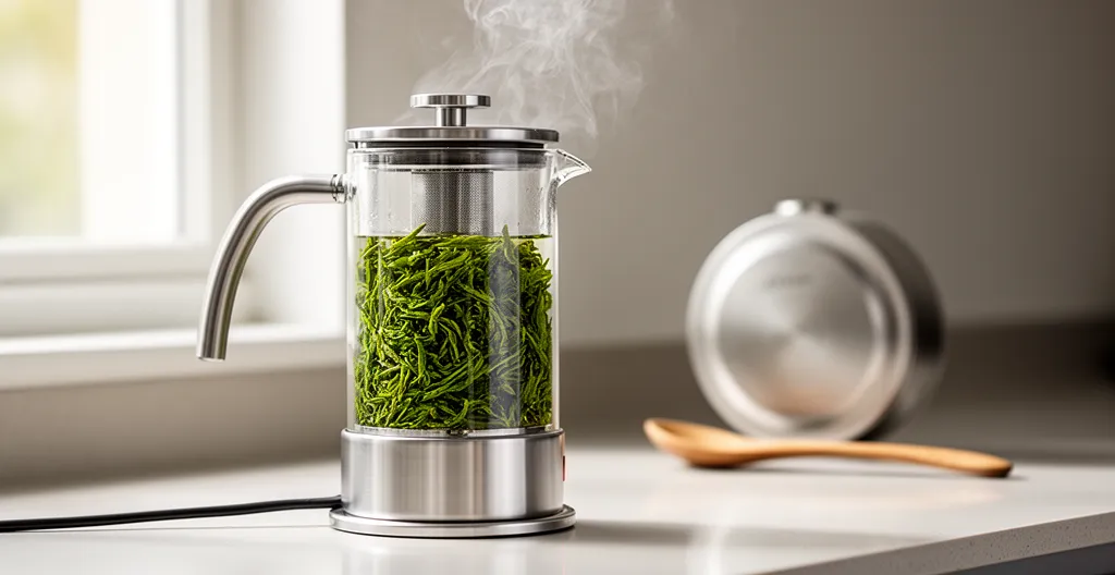 Gros plan sur une théière électrique avec infuseur contenant du thé vert en vrac