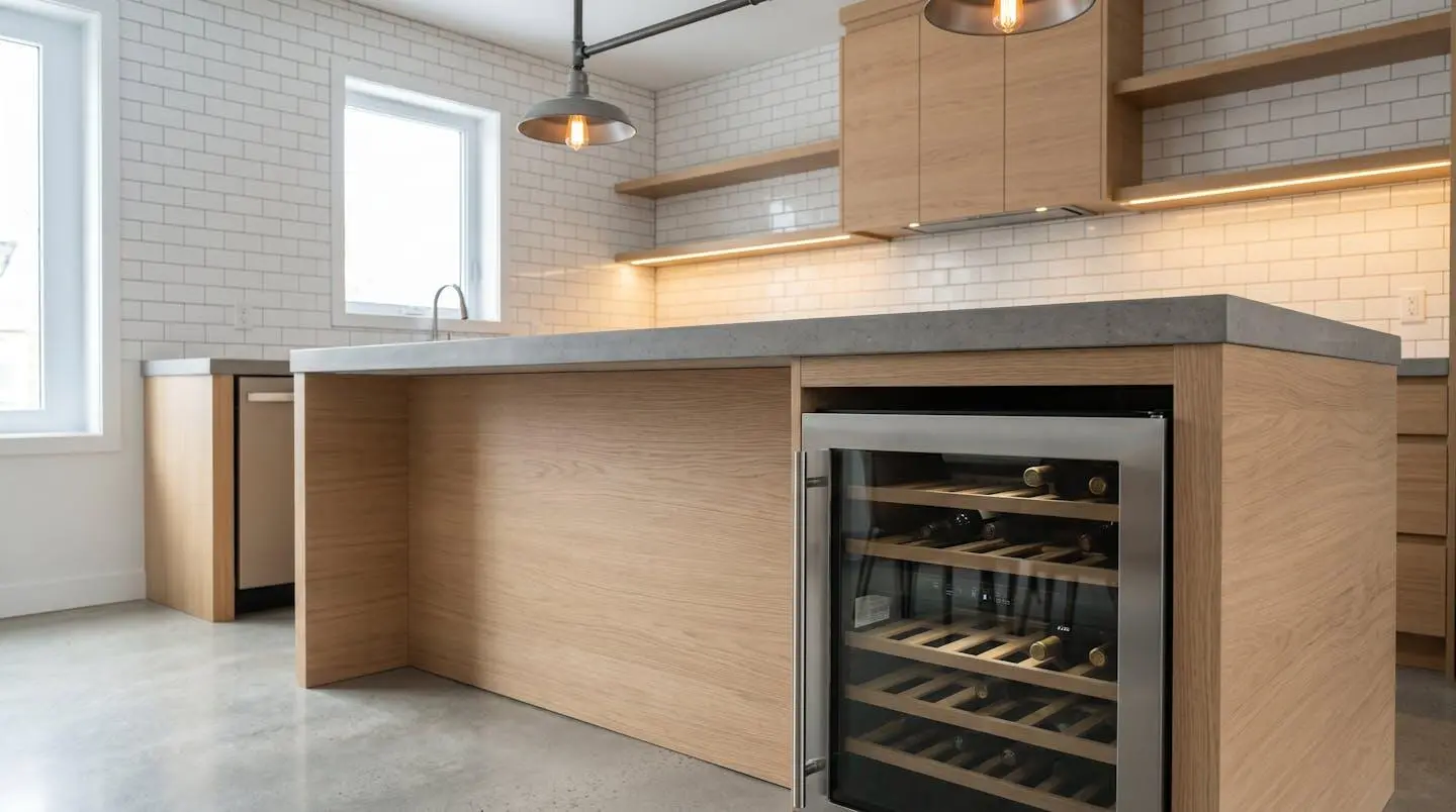 Cuisine contemporaine française avec cave à vin encastrable intégrée dans îlot central, espace de ventilation visible entre meuble et appareil