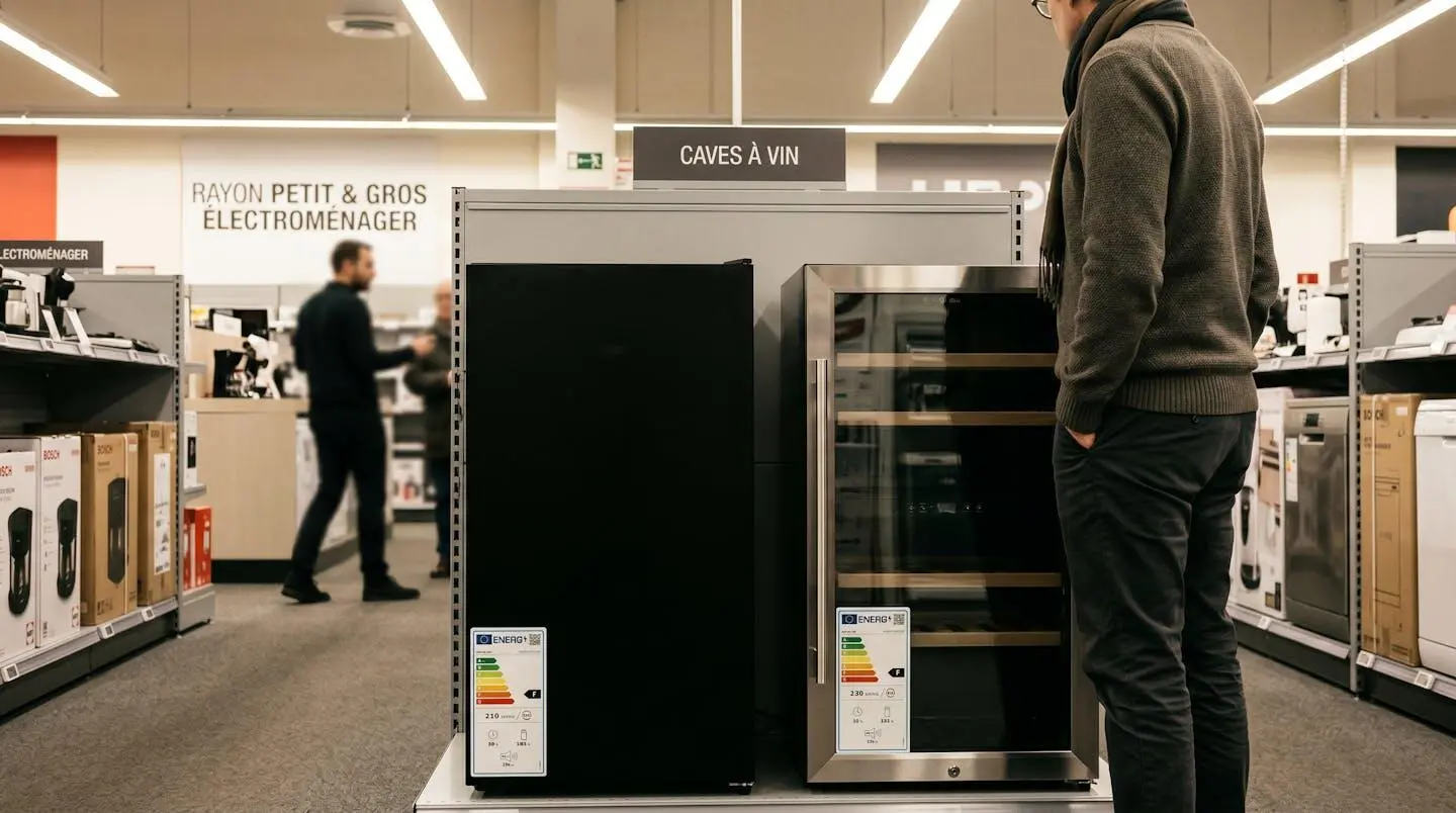 Rayon électroménager avec deux caves à vin exposées côte à côte, main d'un client pointant l'étiquette énergétique, vendeur en arrière-plan flou