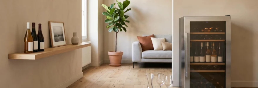 Salon contemporain français avec cave à vin pose libre en acier brossé visible à droite, bouteilles sur étagère murale à gauche et carafe en verre sur table basse, lumière naturelle douce