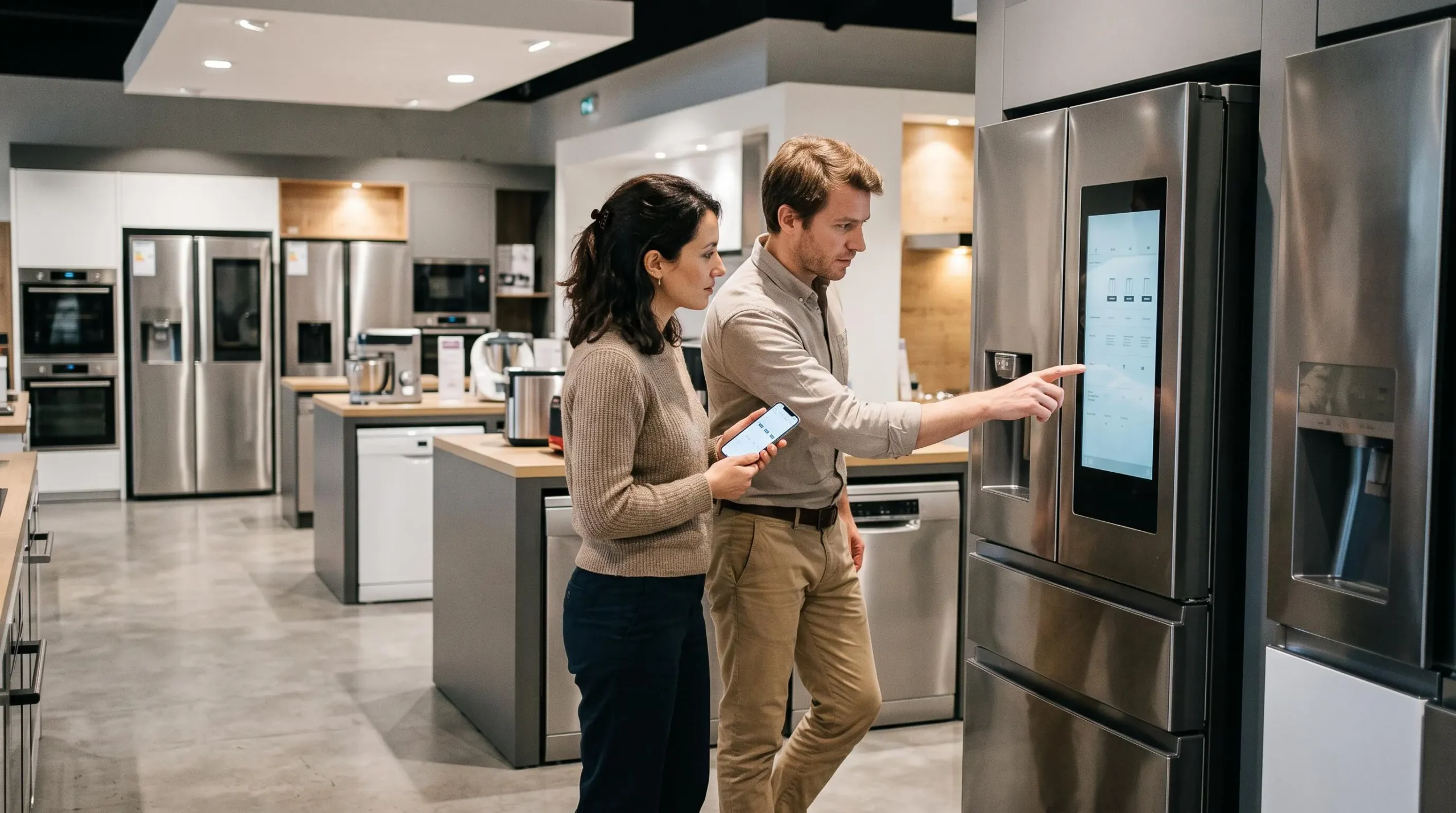 Un couple compare des réfrigérateurs et appareils connectés dans un showroom d'électroménager en France.