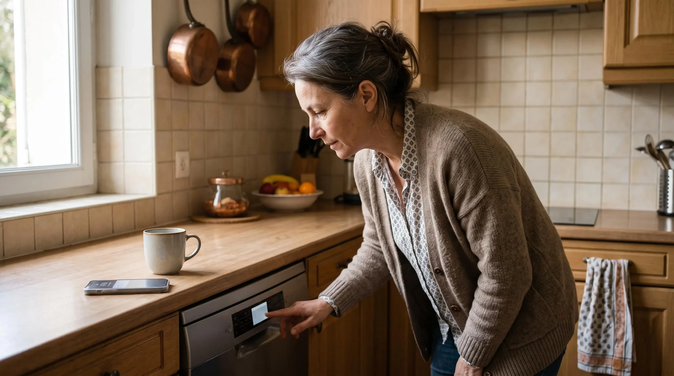 Une femme vérifie le panneau de commande d'un lave-vaisselle connecté dans sa cuisine familiale.