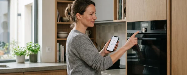 Une femme utilise son smartphone pour piloter un four connecté encastré dans une cuisine française moderne.