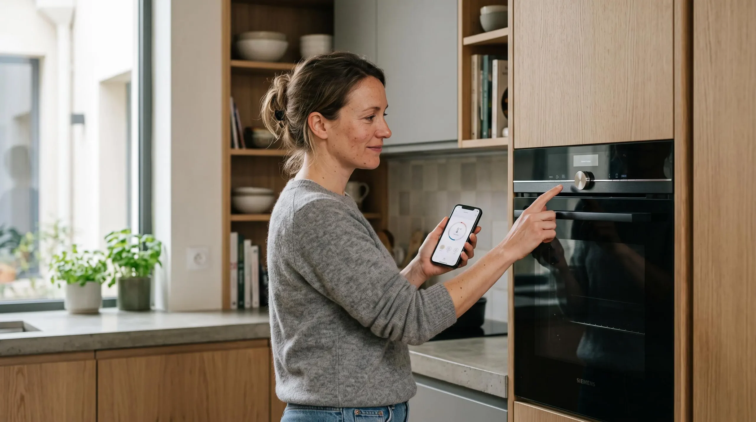 Une femme utilise son smartphone pour piloter un four connecté encastré dans une cuisine française moderne.