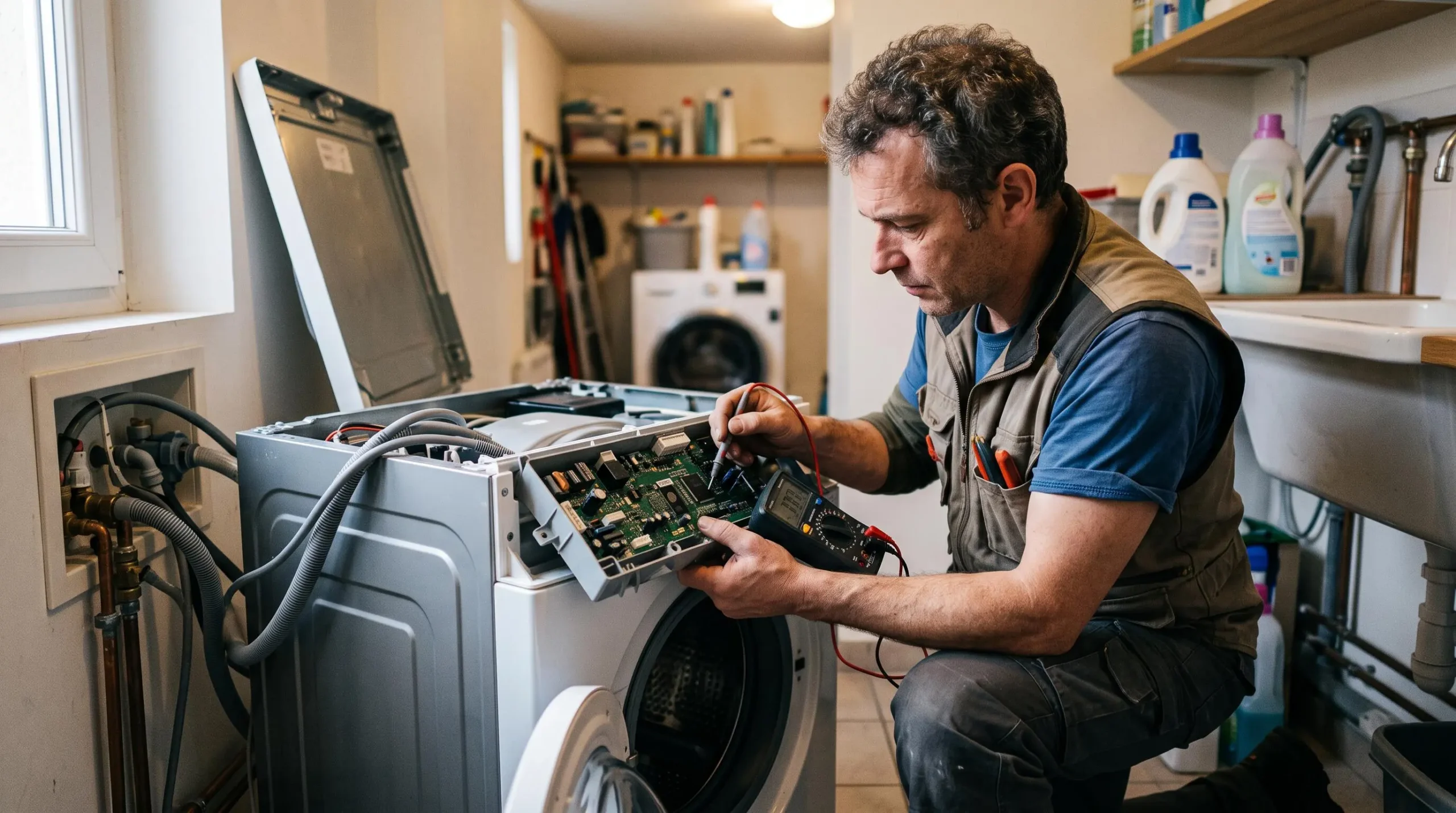 Un technicien diagnostique le module électronique d'un lave-linge connecté dans un local technique domestique.