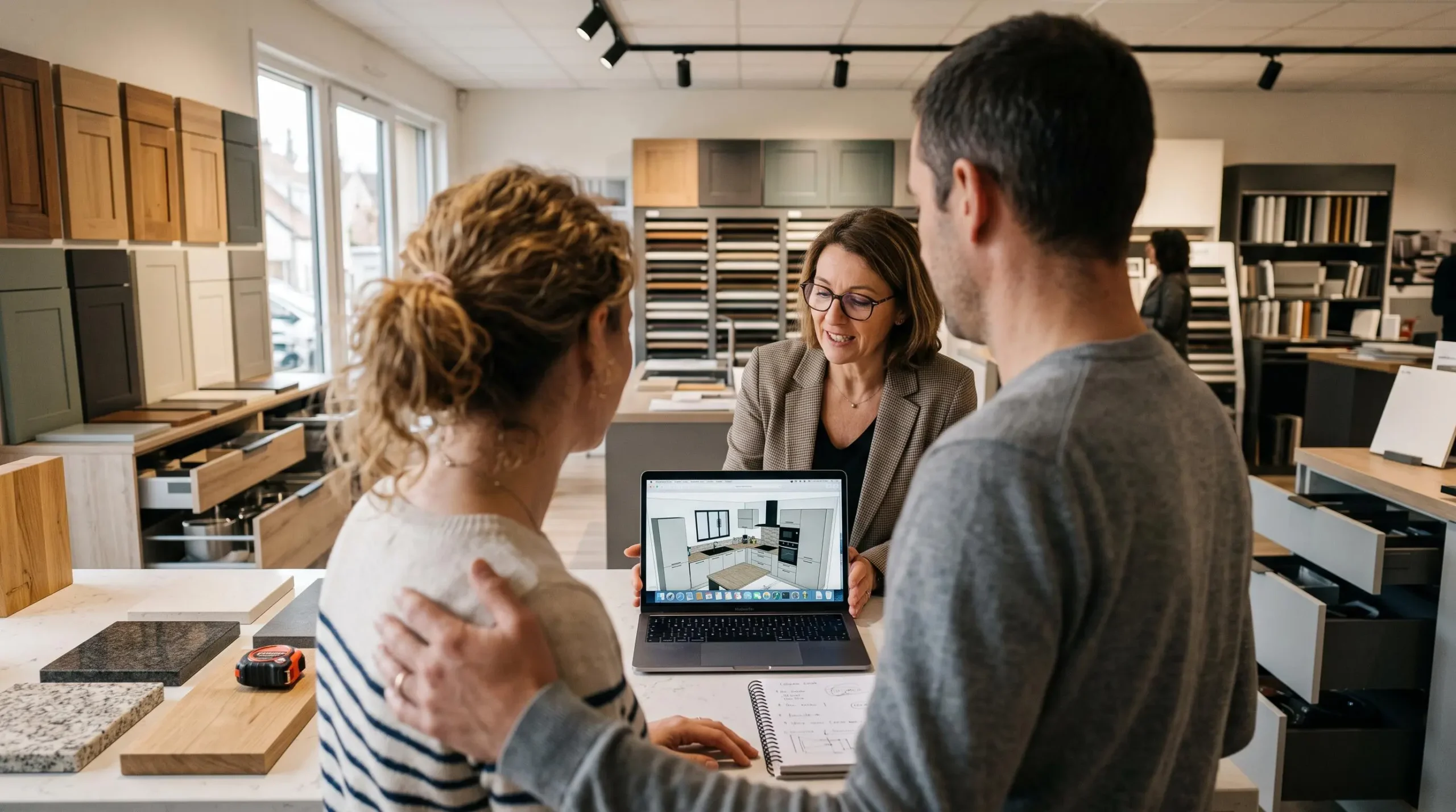 Un concepteur montre un plan de cuisine 3D à un couple dans un showroom.